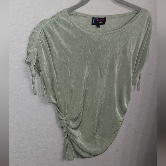 Y2k 00s Green Metallic Ruched Blouse ☆B  Famous Women's M •●Fitted Shiny Shirt●• - Picture 2 of 7